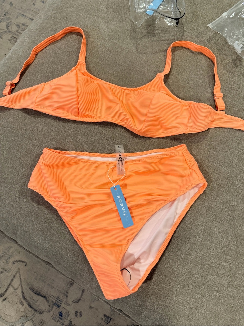 POPVIL Neon Orange Ribbed High-Waist Bikini Set